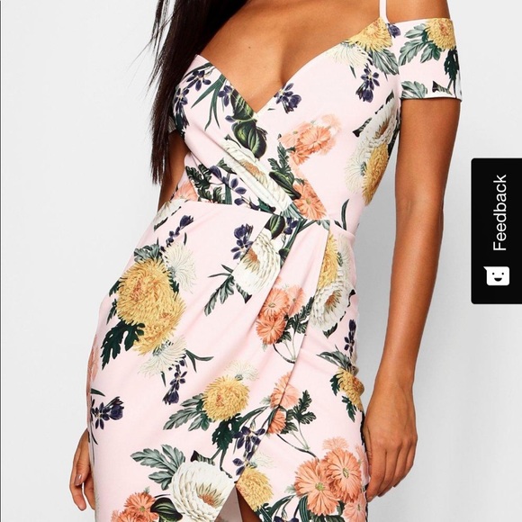 Floral cold shoulder warp midi dress. Boohoo, size 14. - Picture 3 of 5